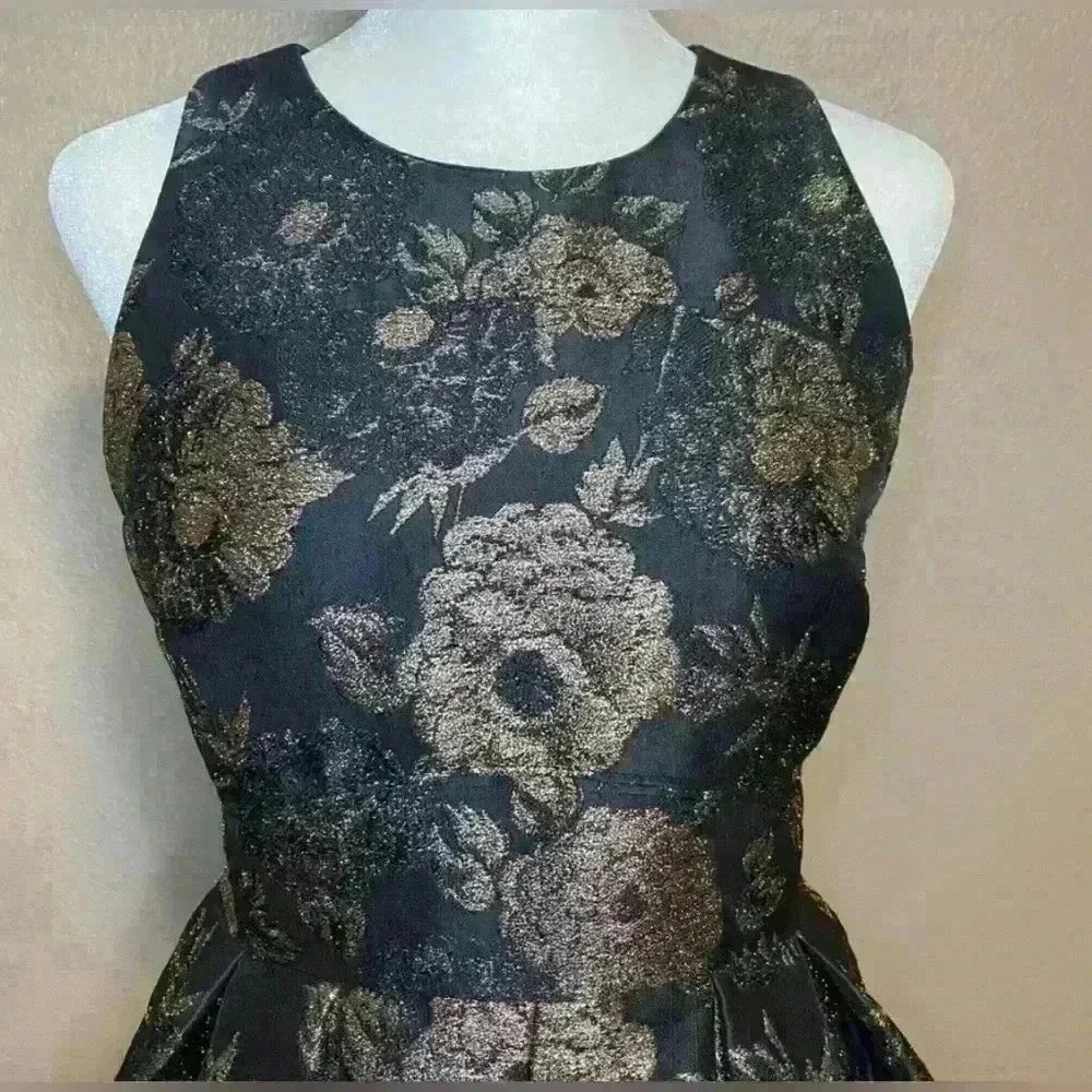 Ann Taylor Factory Black Gold Foil Floral Sleeveless Dress Fit & Flare - Picture 4 of 16